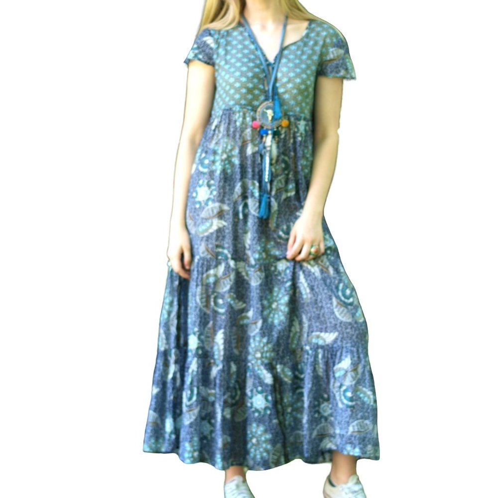 blue cotton tiered patchwork boho prairie dress